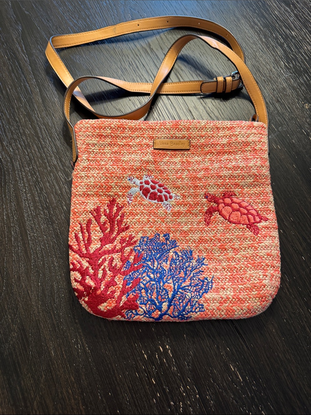 Vera Bradley Coral Sea Turtle Crossbody Pouch with Tan Strap